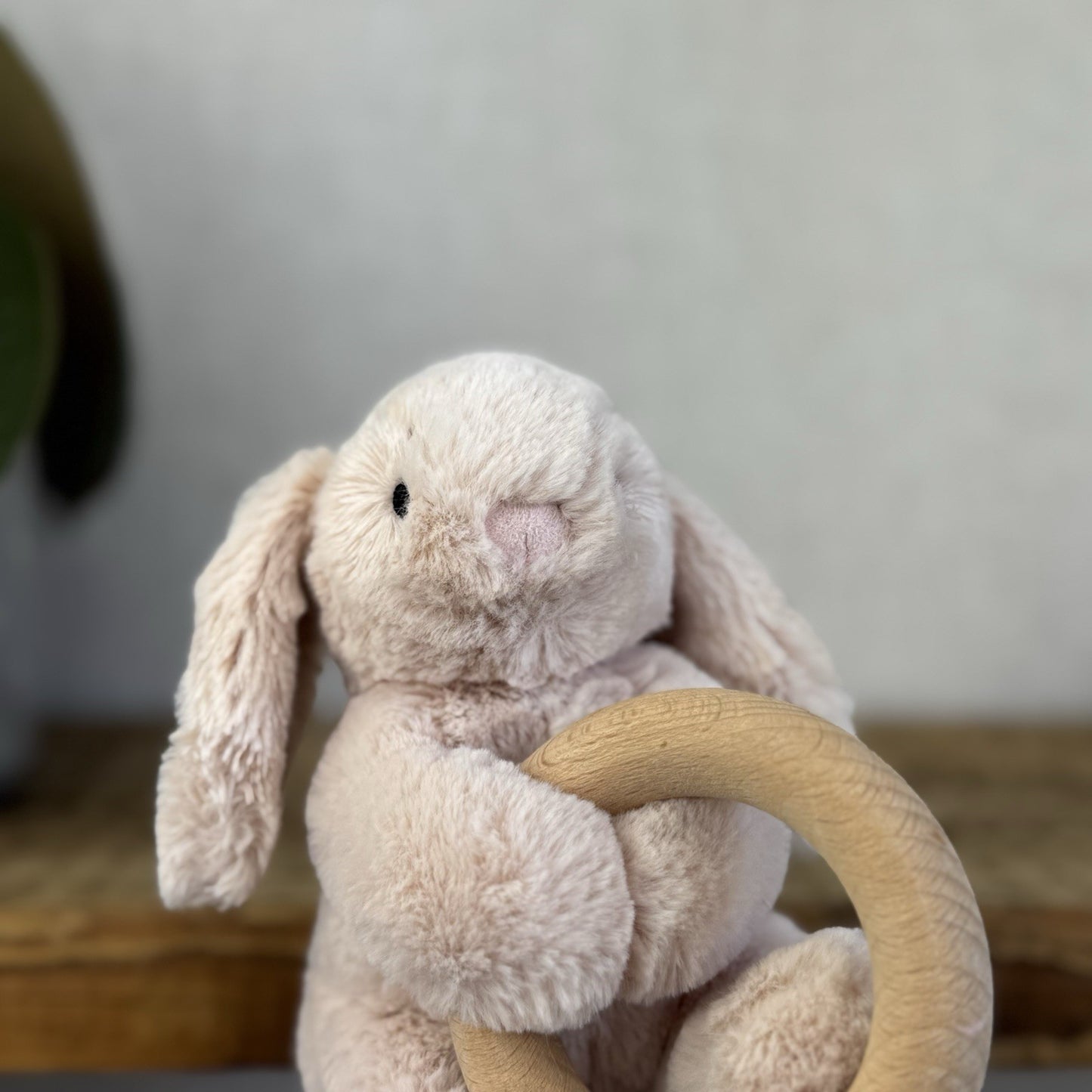 Jellycat Shooshu Bunny Beige Teething Ring - Smudge Bunny Teether Toy Rattle 5"