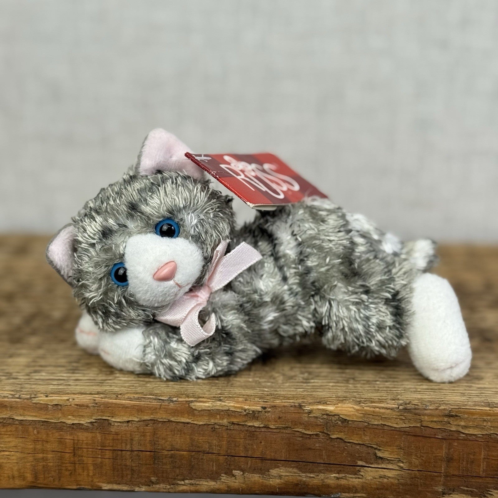 Russ Berrie Cheshire Cat Beanie - Grey Tabby Cat - Vintage Kitty Plush 5”