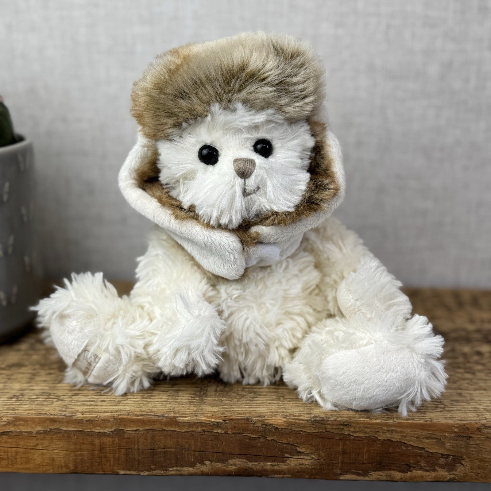 Bukowski Bear In Winter Hat White Bear Brown Fur Hat Winter White Bear Beanie 8"