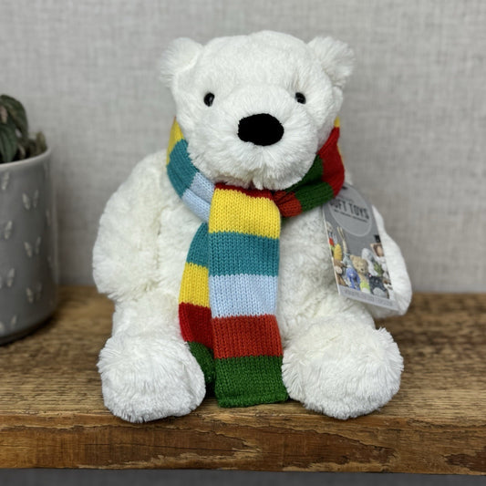 John Lewis Polar Bear Beanie Plush Rainbow Scarf - Christmas Bear (Jellycat) 10"