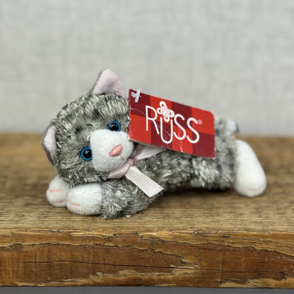 Russ Berrie Cheshire Cat Beanie - Grey Tabby Cat - Vintage Kitty Plush 5”