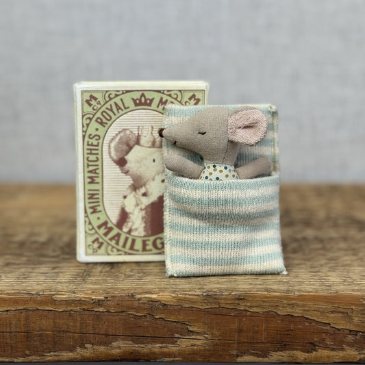 Maileg Sleepy/Wakey Baby Mouse In Matchbox Blue