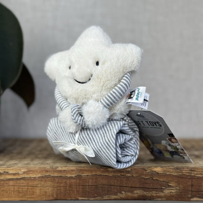 Jellycat Little Star Soother - White Star And Grey Striped Neutral Comforter