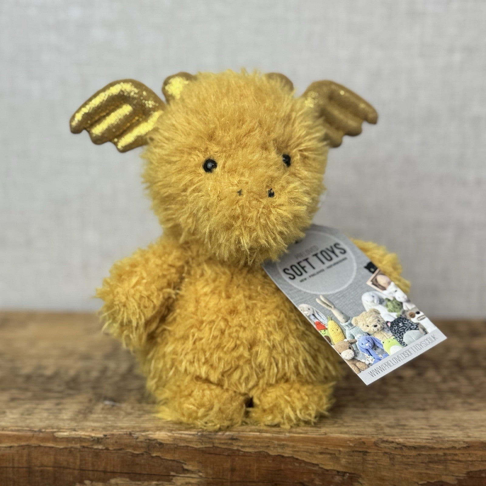 Jellycat Little Dragon - Fluffy Light Gold Dragon Beanie Plush Curly Hair 7”