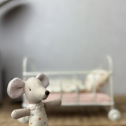 Maileg Micro Cot Bed Pink - Small Pink Cot Bed Floral Bedding & Baby Mouse