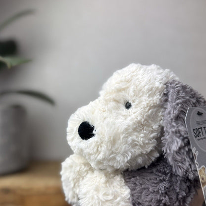 Jellycat Tumblie Sheepdog Grey & White Puppy Dog Soft Toy Plush - Laying Dog 12"
