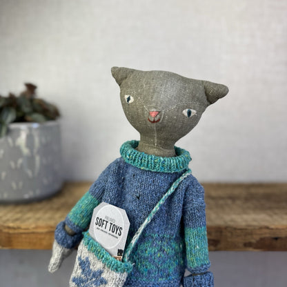 Maileg Medium Cat - Grey Retired Cat With Christmas Knitted Clothing - Rare 14"