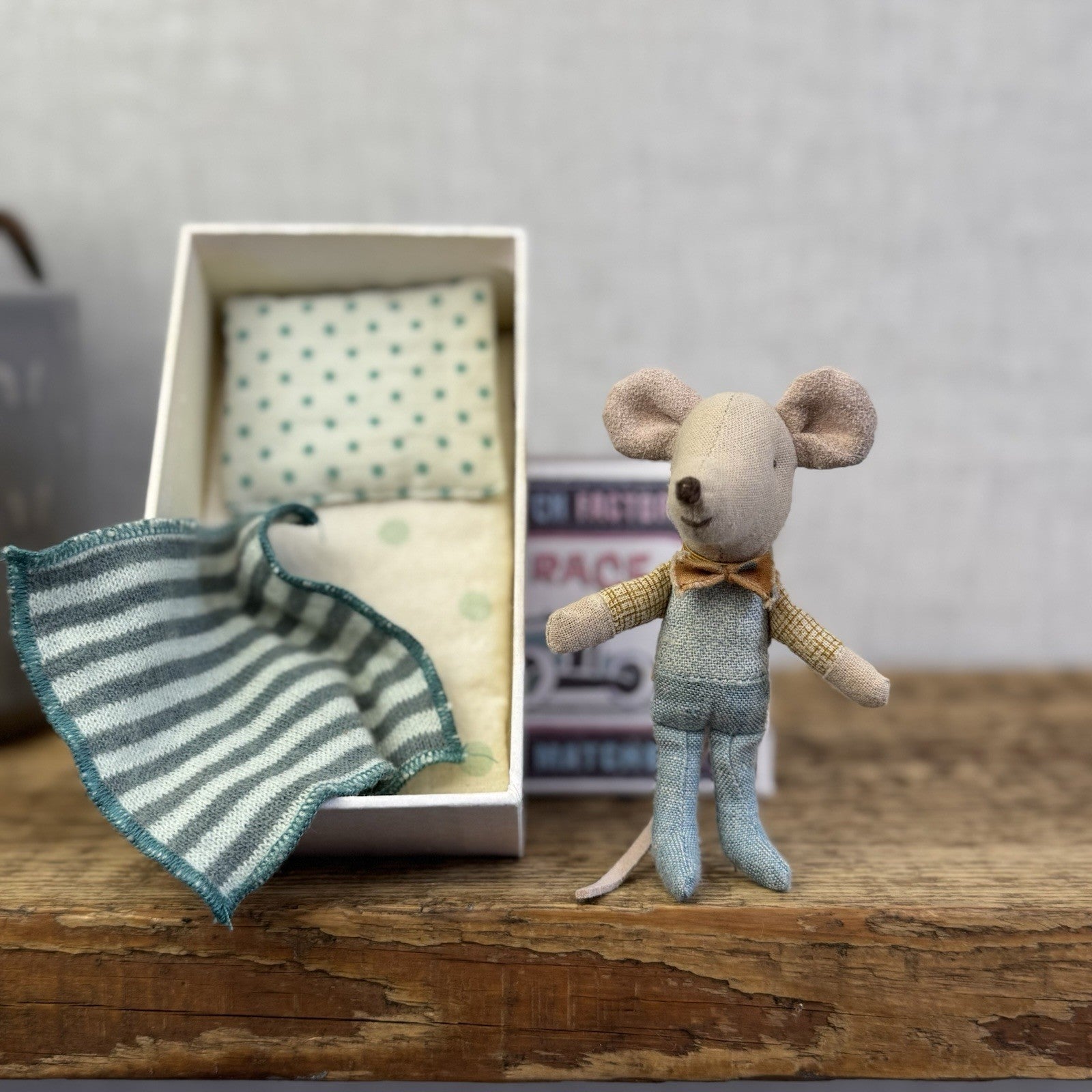 Maileg Little Brother In Matchbox - Retired 2019 - Little Brother With Bow & Bed