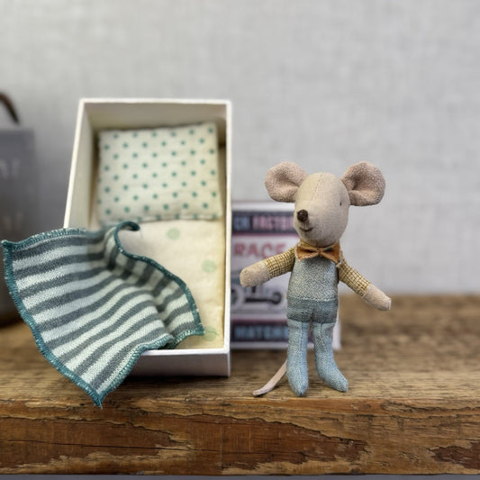 Maileg Little Brother In Matchbox - Retired 2019 - Little Brother With Bow & Bed
