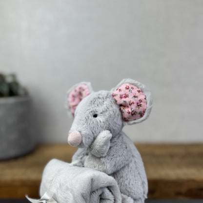 Jellycat Bashful Blossom Mouse Soother - Grey Mouse Comfort Blanket Pink Ears