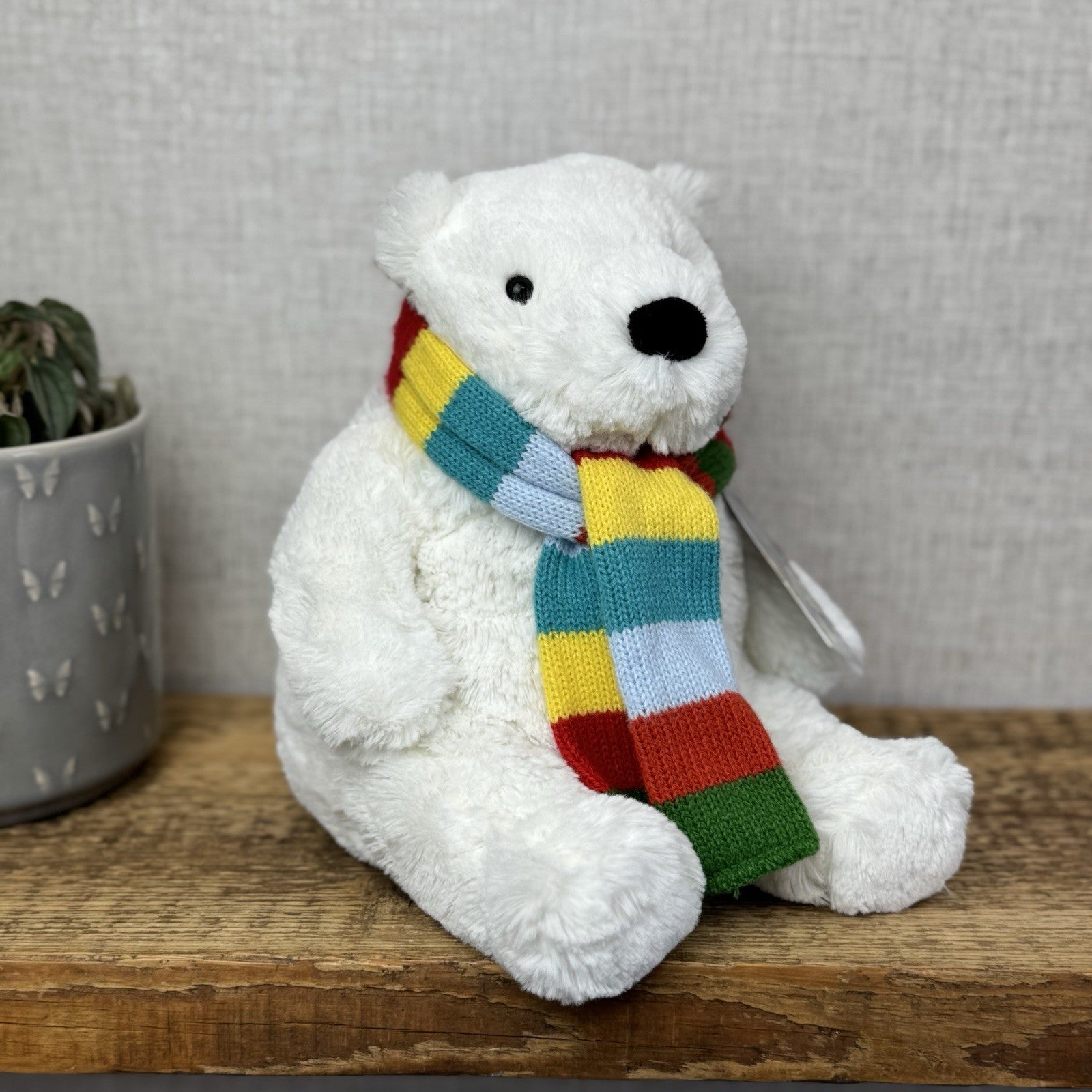 John Lewis Polar Bear Beanie Plush Rainbow Scarf - Christmas Bear (Jellycat) 10"