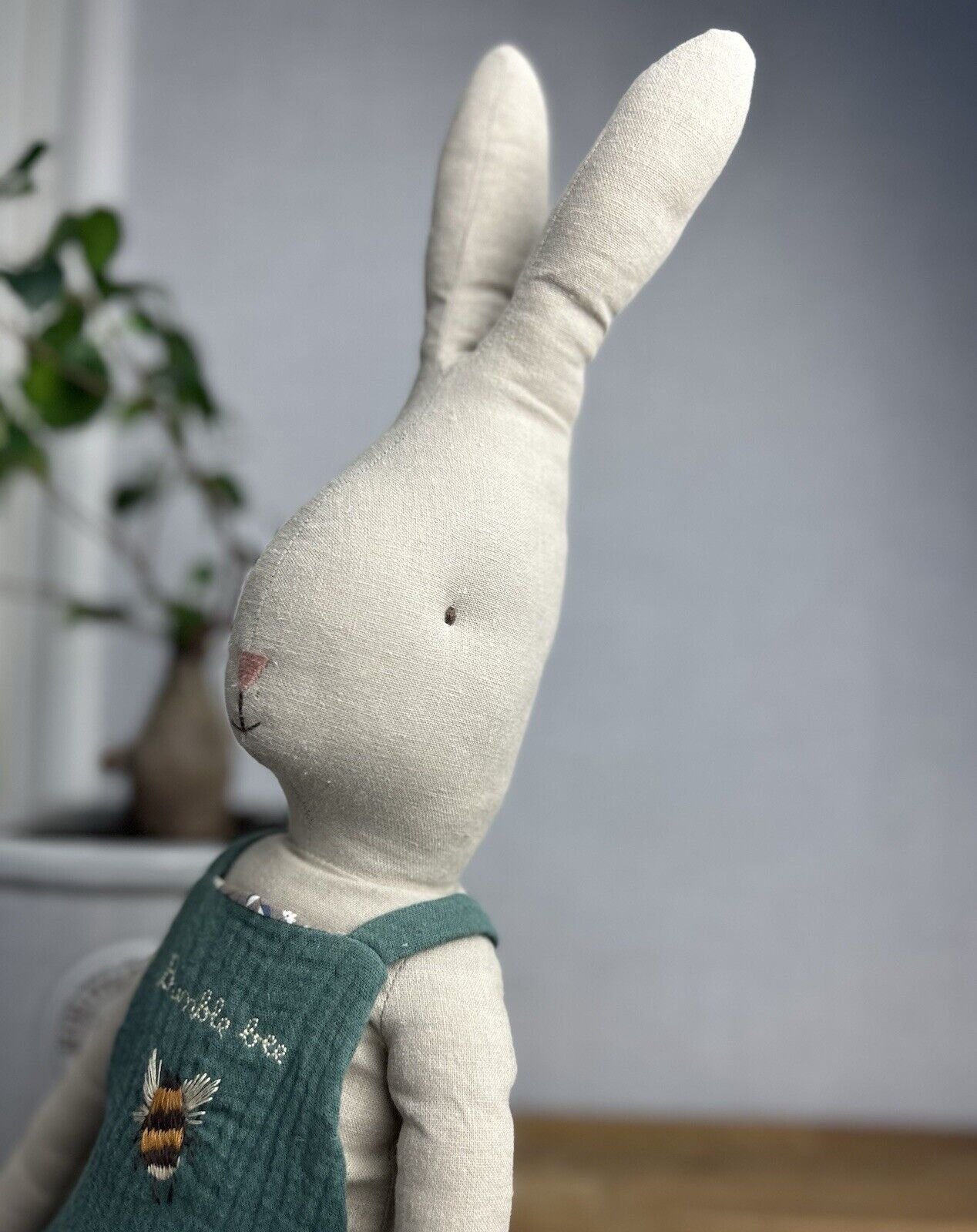 Maileg Size 5 Rabbit In Overalls - Large Bunny Rabbit Green Bee Romper/overalls