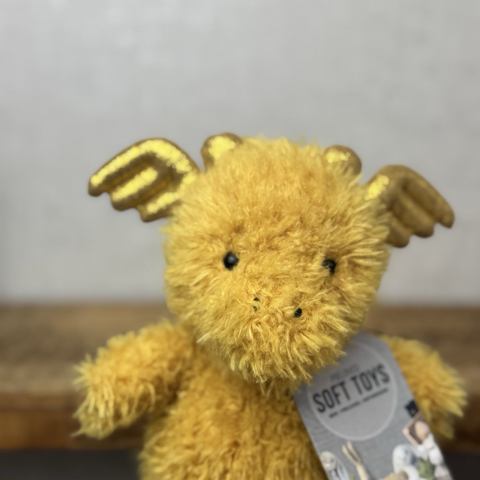 Jellycat Little Dragon - Fluffy Light Gold Dragon Beanie Plush Curly Hair 7”