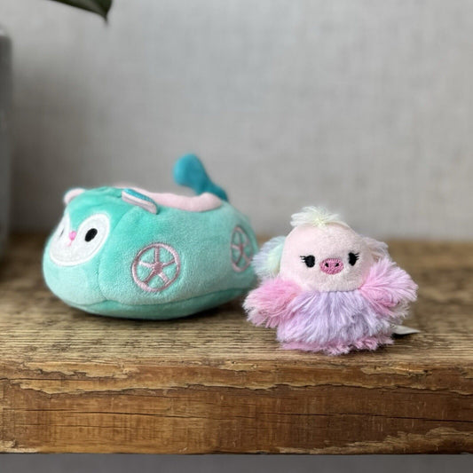 Squishmallow Squishville Elda Ostrich & Vehicle - Pink Fluffy Bird Tiny Soft 2"