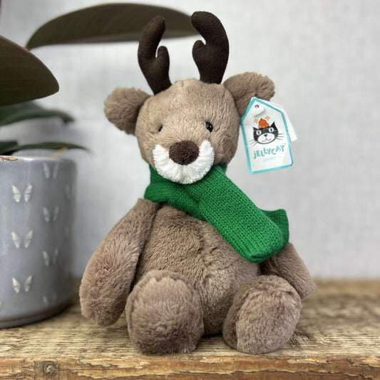 Jellycat Bashful Pine Reindeer - Bashful Reindeer Green Scarf - Christmas 10"
