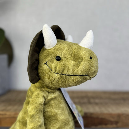 Jellycat Trevor Triceratops - Mottled Mix Green Dinosaur Beanie Plush Toy 12"
