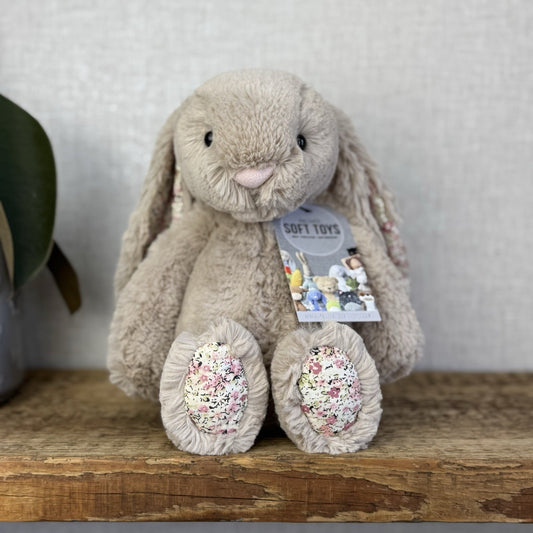 Jellycat Medium Bashful Bea Bunny - Beige Bunny With Floral Ears/feet Medium 12"