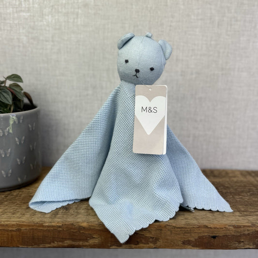 Marks & Spencer’s Knitted Blue Bear Comforter Soft Toy Baby Blue Plush New Tags