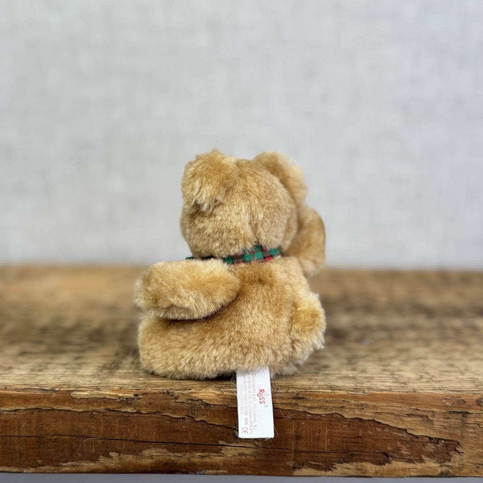 Russ Vintage Miniature Teddy Bear Tartan Bow - Tiny 3" Soft Toy Brown Bear Rare