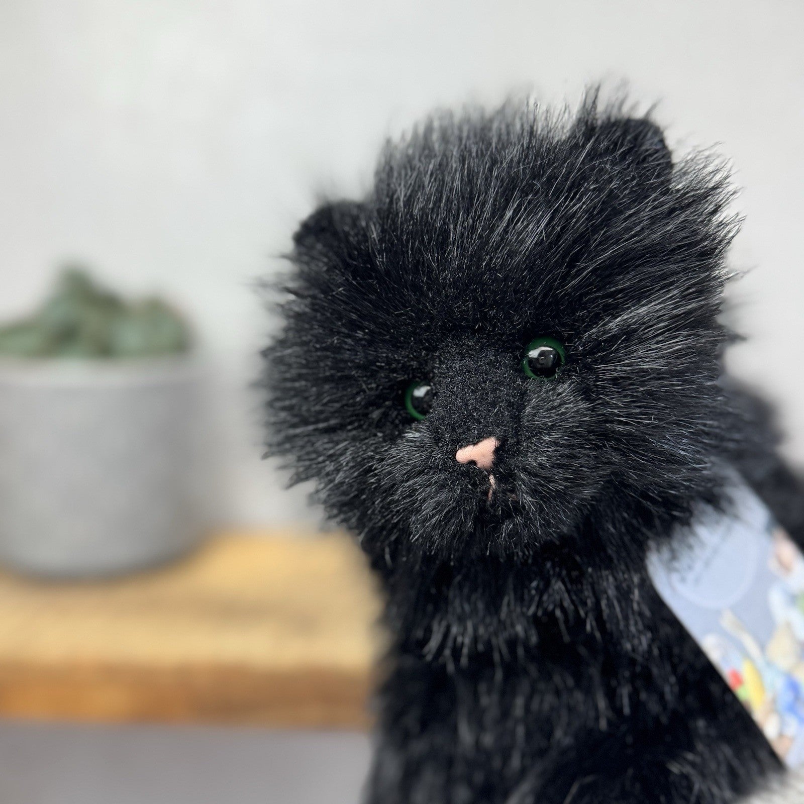 Russ All Black Fluffy Cat Sassy - Green Eyes Realistic Black Cat Plush Rare 15”