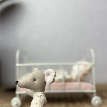 Maileg Micro Cot Bed Pink - Small Pink Cot Bed Floral Bedding & Baby Mouse