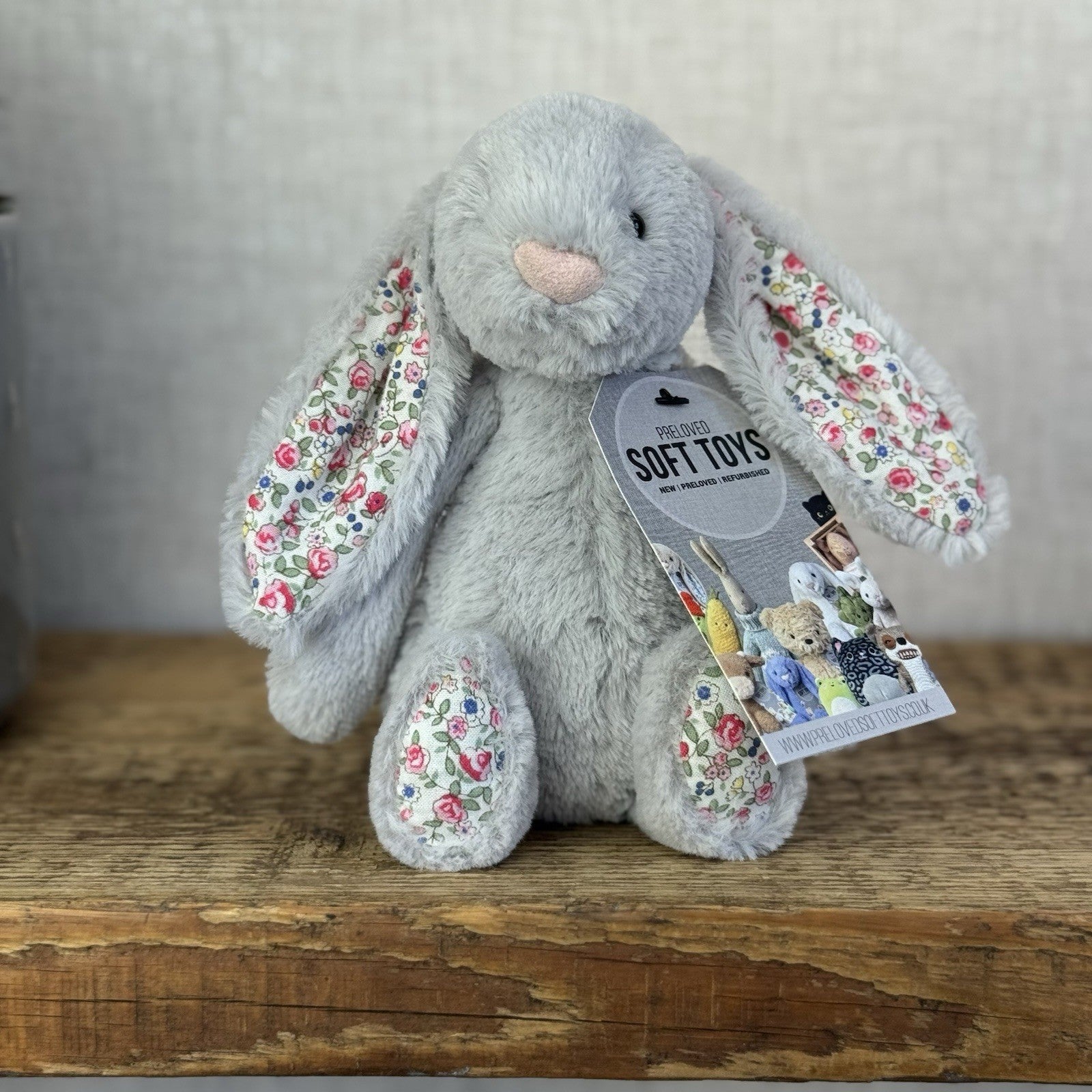 Jellycat Small Silver Blossom Bunny - Grey Bunny Blossom Ears White Tail 8”