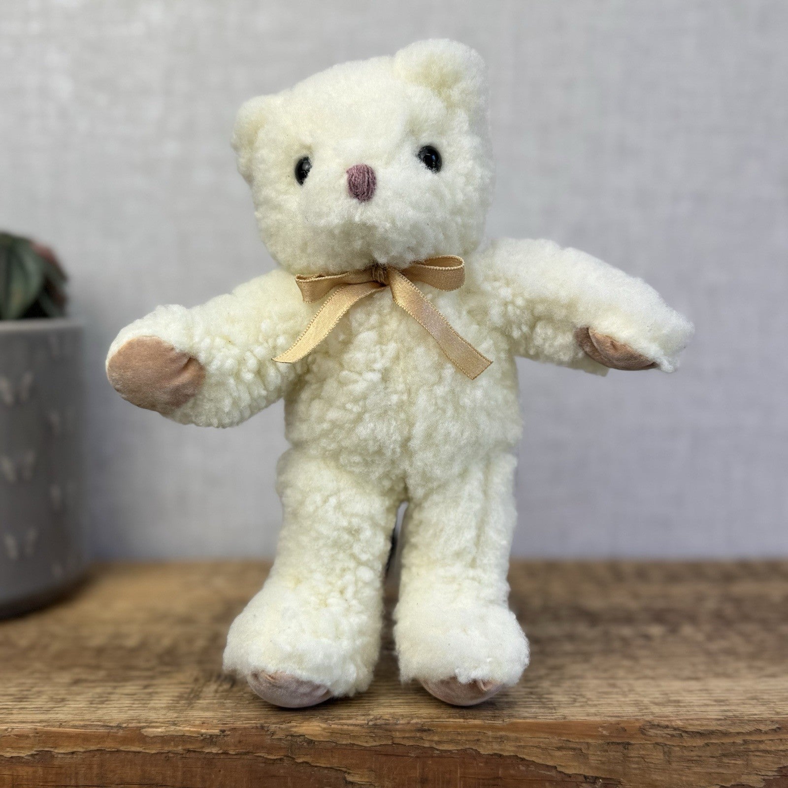 Vintage Mothercare Bear 1990 - Fleecy Off White Bear Gold Bow Suede Paws 8”