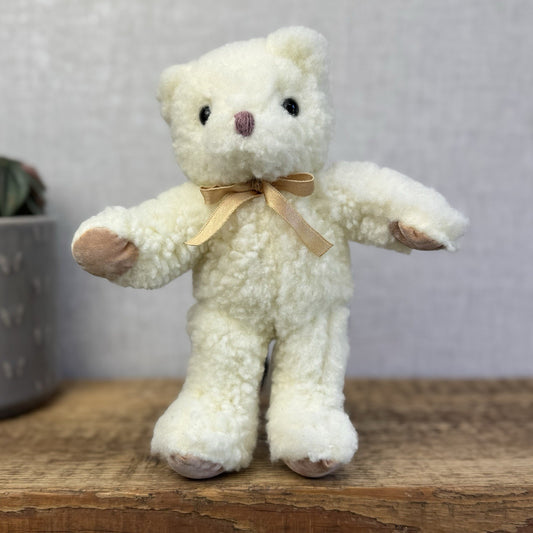 Vintage Mothercare Bear 1990 - Fleecy Off White Bear Gold Bow Suede Paws 8”