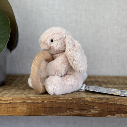 Jellycat Shooshu Bunny Beige Teething Ring - Smudge Bunny Teether Toy Rattle 5"