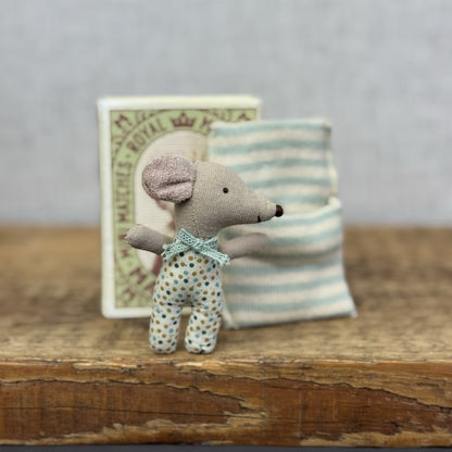 Maileg Sleepy/Wakey Baby Mouse In Matchbox Blue