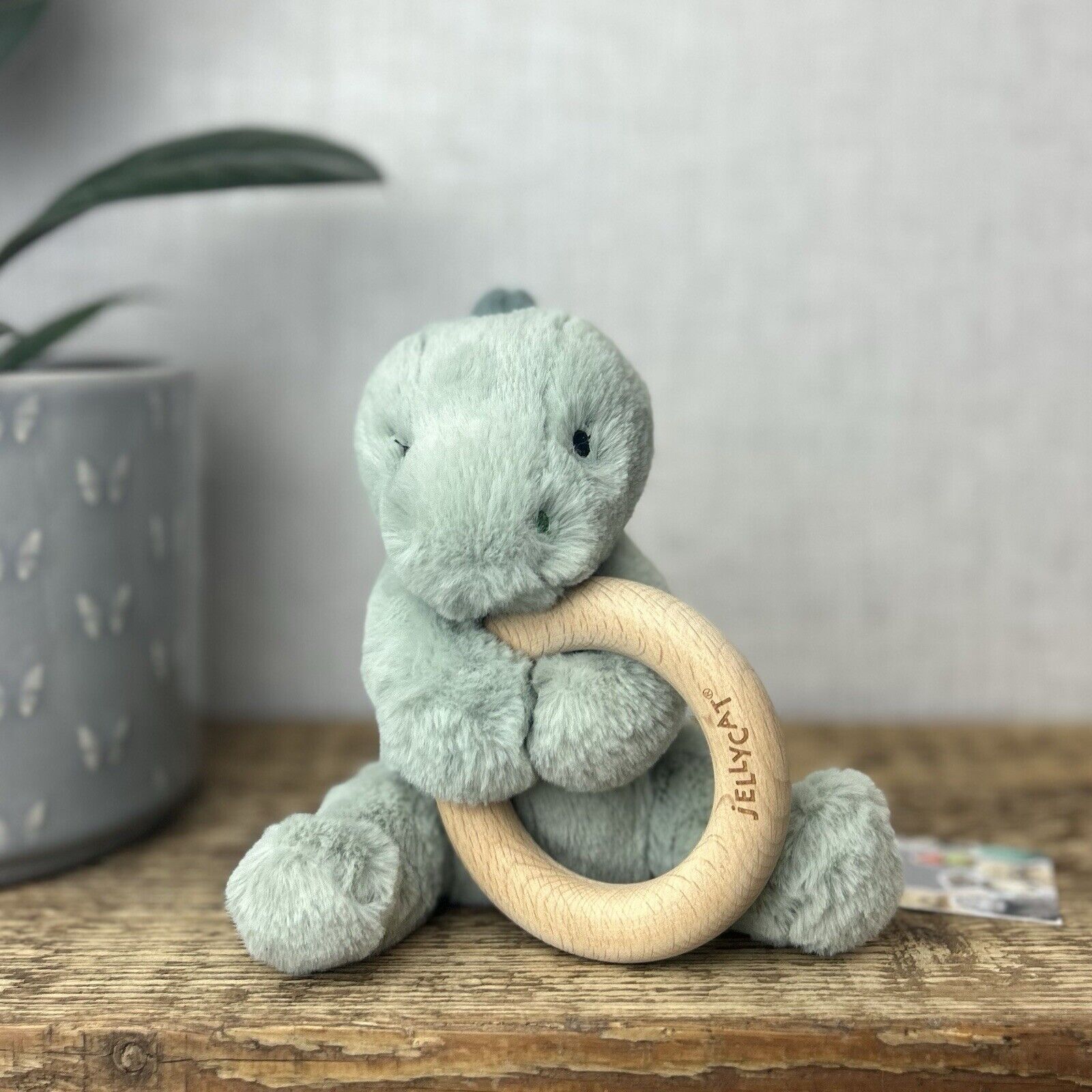 Jellycat Shooshu Dinosaur Wooden Teething Ring Rattle 6" Soft Toy Comforter