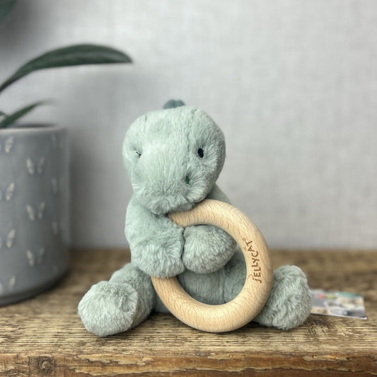 Jellycat Shooshu Dinosaur Wooden Teething Ring Rattle 6" Soft Toy Comforter