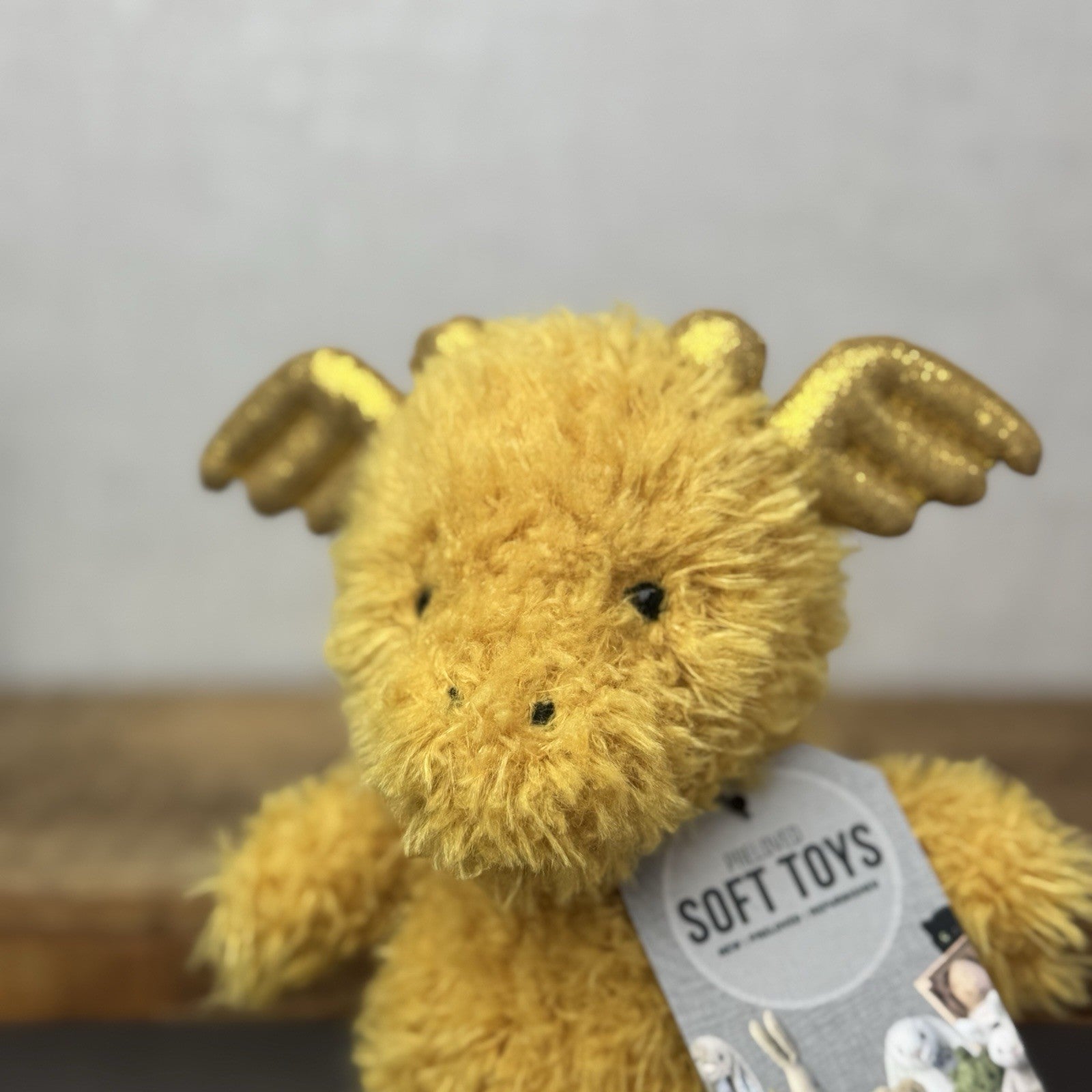 Jellycat Little Dragon - Fluffy Light Gold Dragon Beanie Plush Curly Hair 7”