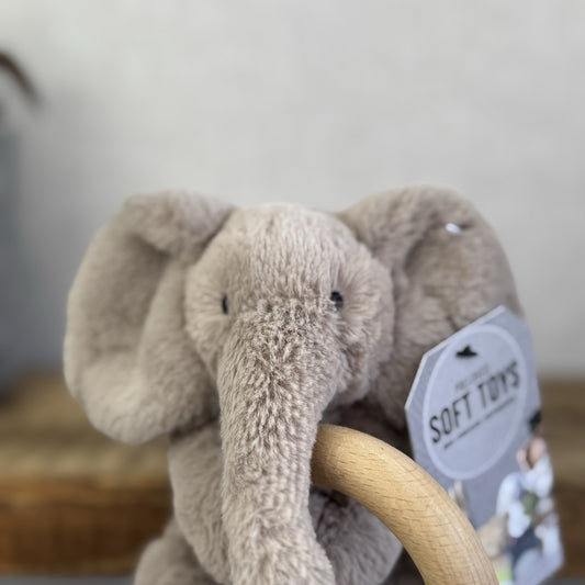 JellyCat Shooshu Grey Elephant Teething Ring - Smudge Style Wood Teether Toy 5"