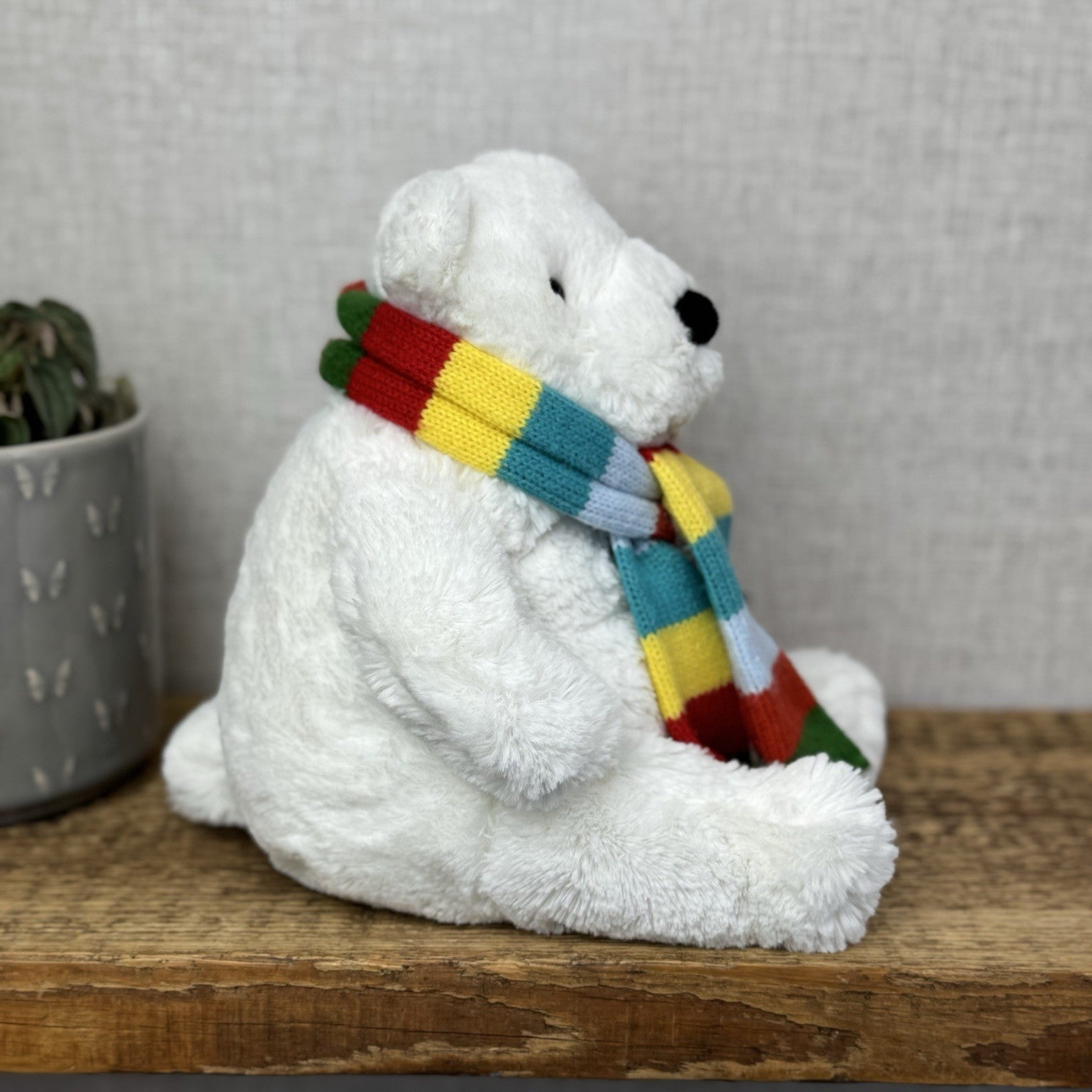 John Lewis Polar Bear Beanie Plush Rainbow Scarf - Christmas Bear (Jellycat) 10"