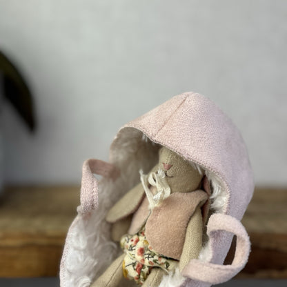Maileg Baby Rabbit Bunny With Fluffy Pink Carrycot - Retired Rare Pristine Mini