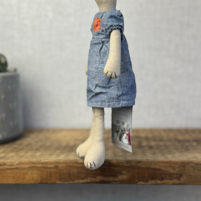 Maileg Small Rabbit Denim Dress Floral Detail - Older Style Bunny Retired 2010