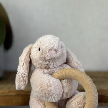 Jellycat Shooshu Bunny Beige Teething Ring - Smudge Bunny Teether Toy Rattle 5"