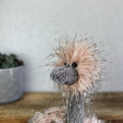 Jellycat Medium Odette Ostrich - Fluffy Pink/Grey Mix Beanie Bird Toy 18"