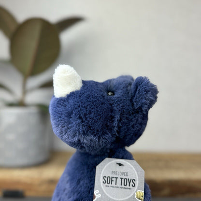 Jellycat Medium Navy Bashful Rhino - Medium Rhino Dark Blue Sitting Beanie Plush