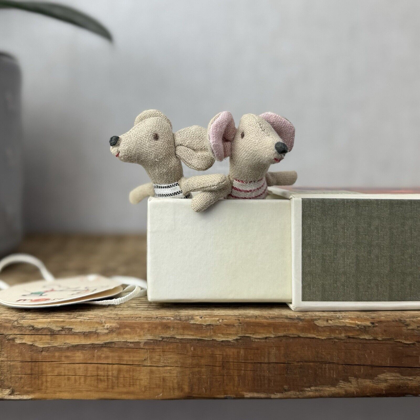 Maileg Newborn Twin Mice In Matchbox Rare & Retired - Red Mouth Painted Nose