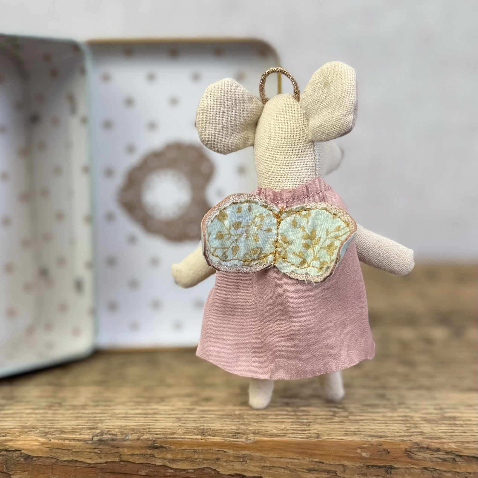 Maileg Gaurdian Angel In A Tin - Small Angel Pink Dress, Blue Wings NWOT