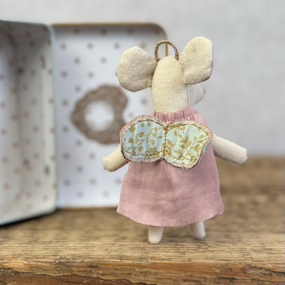 Maileg Gaurdian Angel In A Tin - Small Angel Pink Dress, Blue Wings NWOT