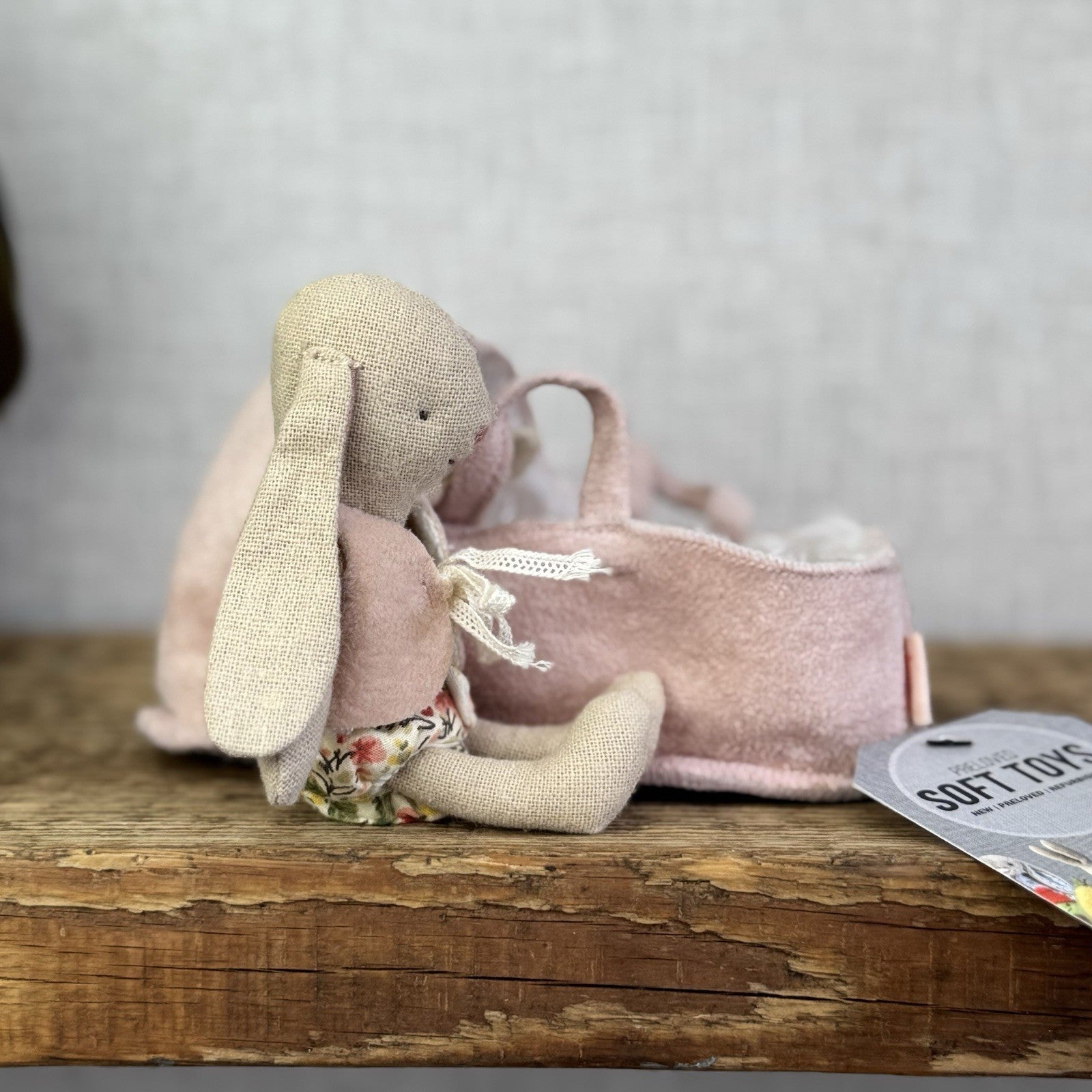 Maileg Baby Rabbit Bunny With Fluffy Pink Carrycot - Retired Rare Pristine Mini