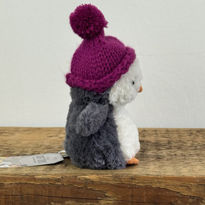 Jellycat Wee Penguin In Purple Bobble Hat - Mini Penguin Plush Winter 6”