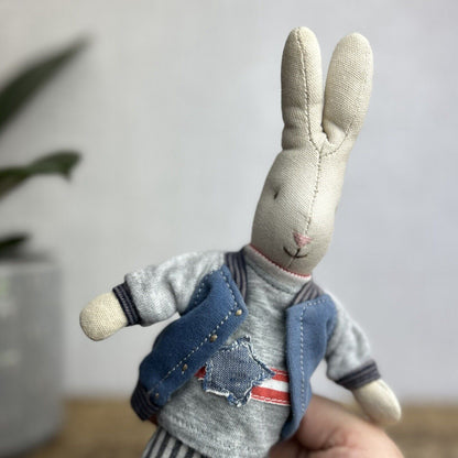 Maileg Mini Rabbit Boy With Clothing - Retired Rabbit Boy Collectible - Star Top