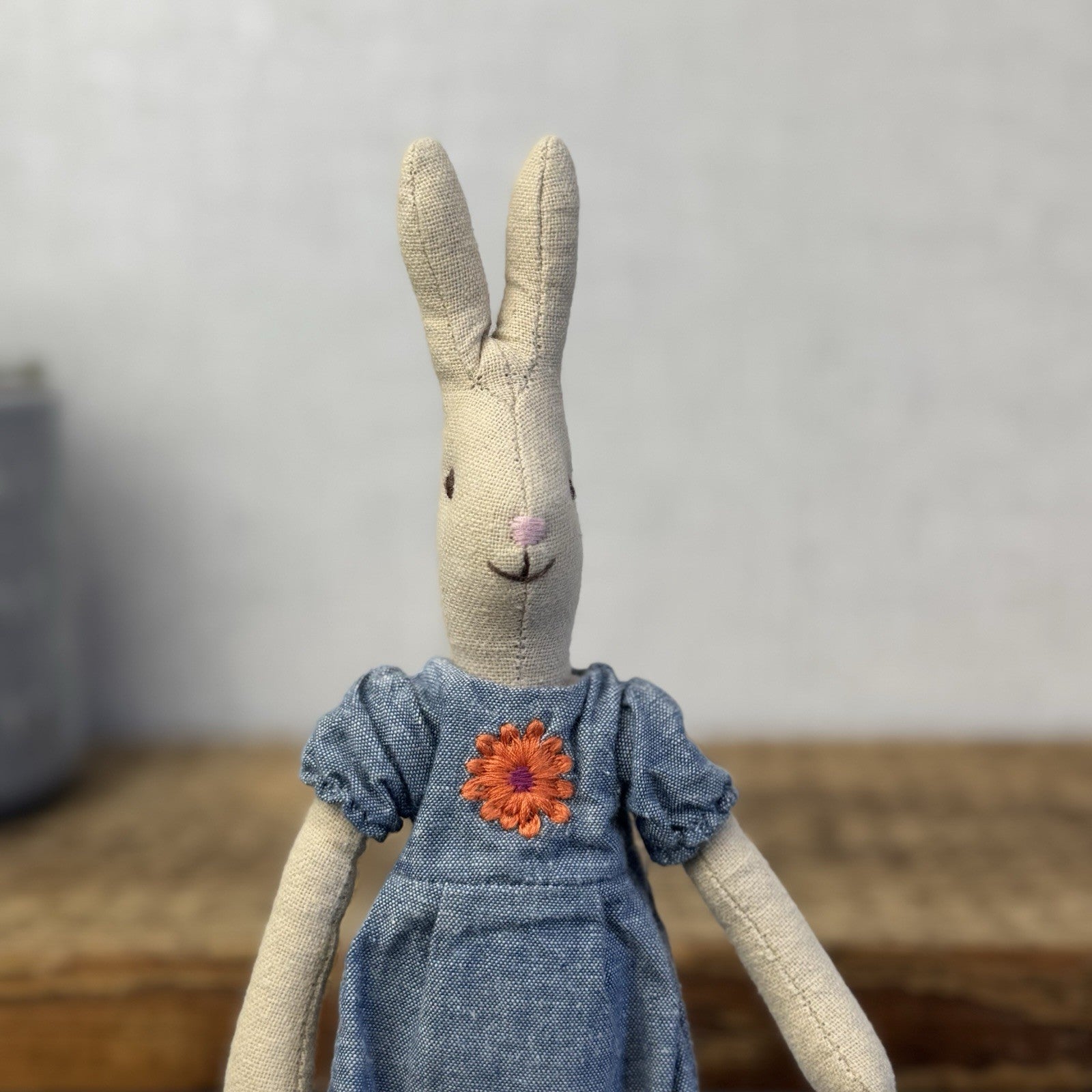 Maileg Small Rabbit Denim Dress Floral Detail - Older Style Bunny Retired 2010