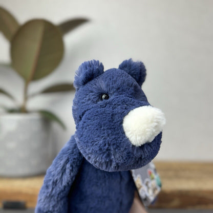 Jellycat Medium Navy Bashful Rhino - Medium Rhino Dark Blue Sitting Beanie Plush