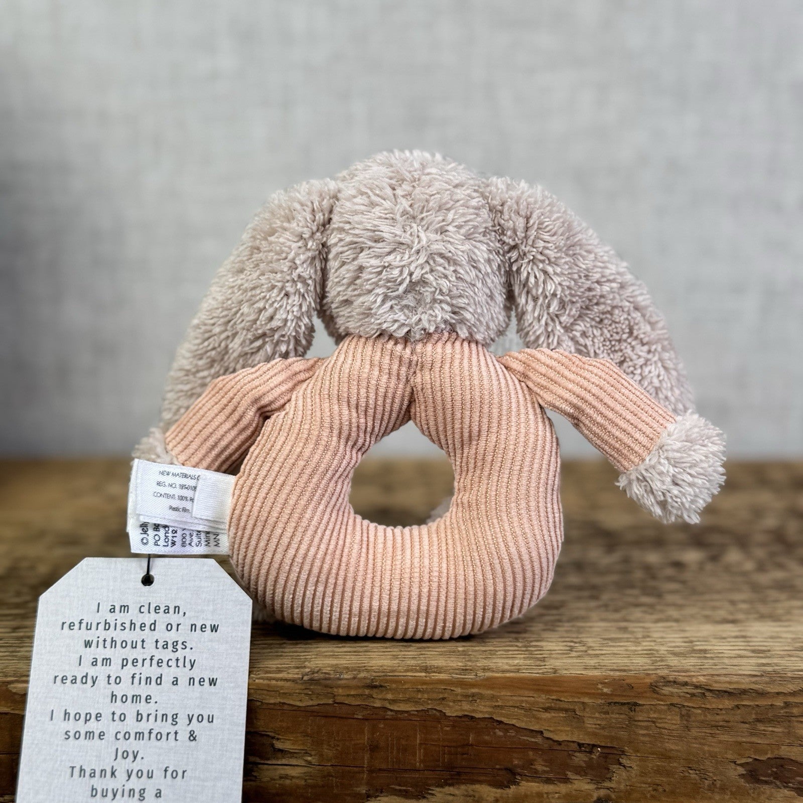 Jellycat Baby Jumble Bunny Grabber - Rattle Ring Pink Bunny Soft Toy Sensory