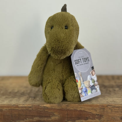 Jellycat Small Bashful Green Dino - Green Olive Beanie Dinosaur Soft Toy 8”